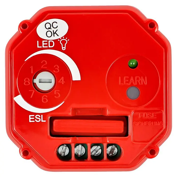 Intertechno Funk-Dimmermodul ITL-250 - Rot - Rotes ESL-Gerät mit LED-Anzeige, Drehschalter und Sicherungsfach. Die modulare Bauweise ermöglicht eine einfache Installation und Wartung.