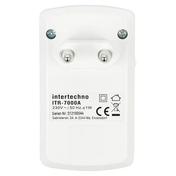 Intertechno Funkgong-Empfänger ITR-7000 - Reichweite ca.: 35 m, Selbstlernend (automatisch) - Nahaufnahme eines Intertechno ITR-7000A Geräts mit Detailinformationen zu Spannung, Modellnummer und CE-Kennzeichnung.
