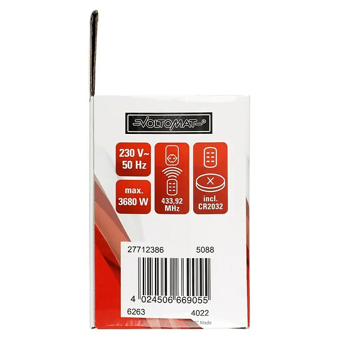 Voltomat Funksteckdosen-Set 3+1 - Silber, 3.680 W - Detailaufnahme der Produktverpackung mit technischen Daten und Barcode.