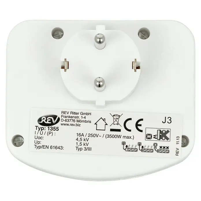 REV Euro-Adapter 2+1 - 3.500 W, 1.500 A, 250 V, Weiß - Abbildung eines REV Ritter GmbH Überspannungsschutzsteckers, Modell 1355, mit technischen Details und Zertifizierungen.
