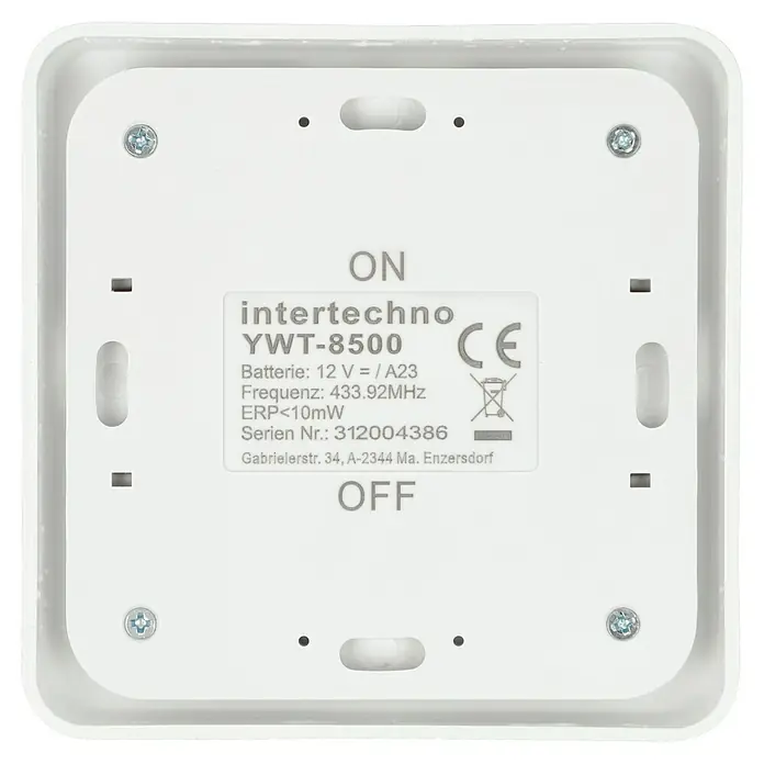 Intertechno Funk-Wandsender YWT-8500 - Codierrad (manuell), Reichweite ca.: 35 m - Nahaufnahme eines Intertechno YWT-8500 Geräts mit Informationen zu Batterie, Frequenz und Seriennummer.