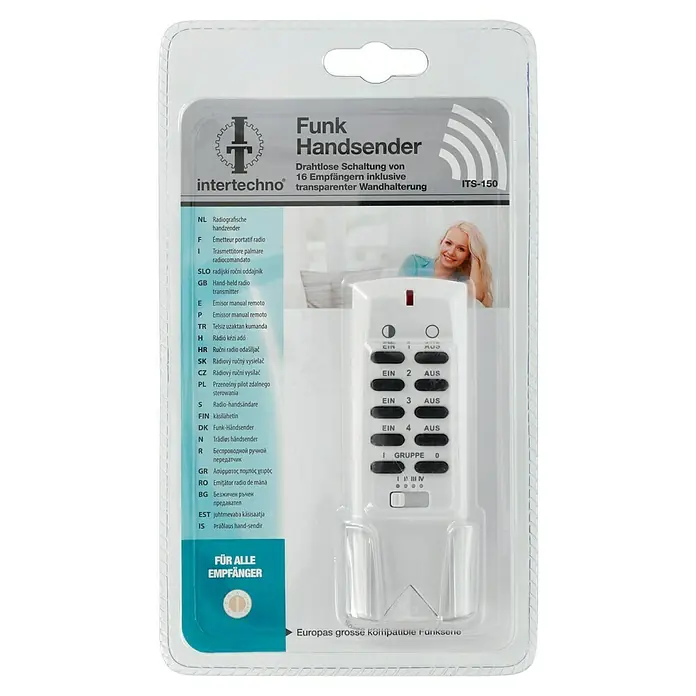 Intertechno Funkhandsender ITS-150 - Reichweite Funk: 35 m, Anzahl Empfänger: 16 Stk. - Image of the "Intertechno ITS-150" radio remote control, a wireless solution for controlling up to 16 receivers, including a transparent wall mount.