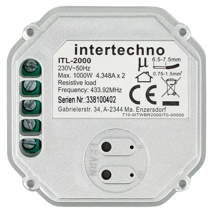 Intertechno Funk-Schaltermodul Funk-Doppeleinbauschalter -  - Das Intertechno ITL-2000 Gerät, ein Funk-Schaltaktor für den Innenbereich, mit technischen Daten wie 230V~50Hz und Seriennummer.