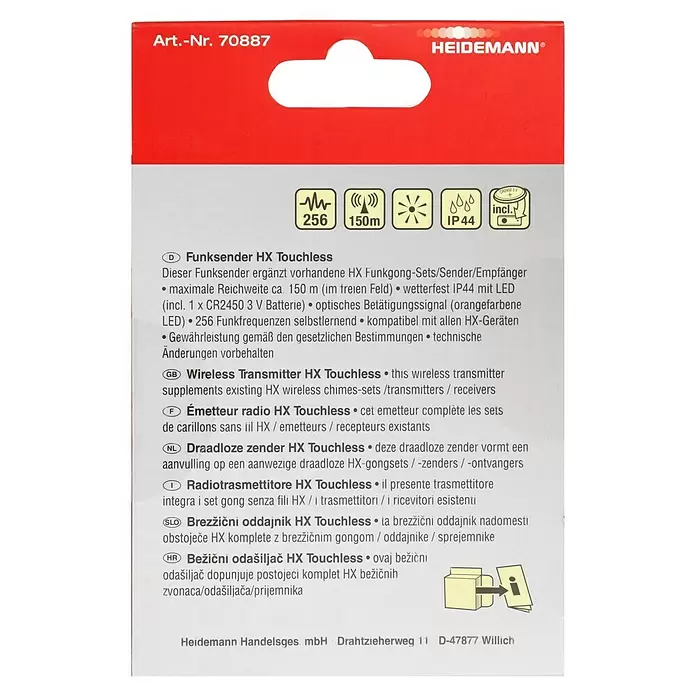 Heidemann Funksender 70887 HX Touchless - Reichweite ca.: 150 m, Batteriebetrieben, IP44 - Rot-graue Verpackung für einen Heidemann HX Touchless Funksender mit Produktmerkmalen und mehrsprachiger Beschreibung.