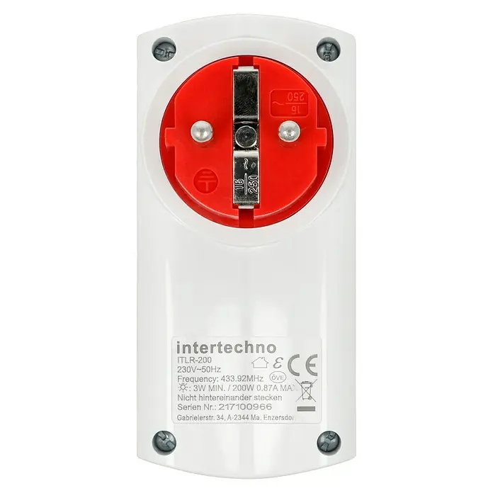 Intertechno Funk-Dimmer Zwischenstecker ITLR-200 - Max. Anschlussleistung: 200 W, 2-polige Abschaltung - Nahaufnahme einer Intertechno ITLR-200 Funksteckdose in Weiß mit rotem Einsatz und technischen Daten auf dem Gehäuse.