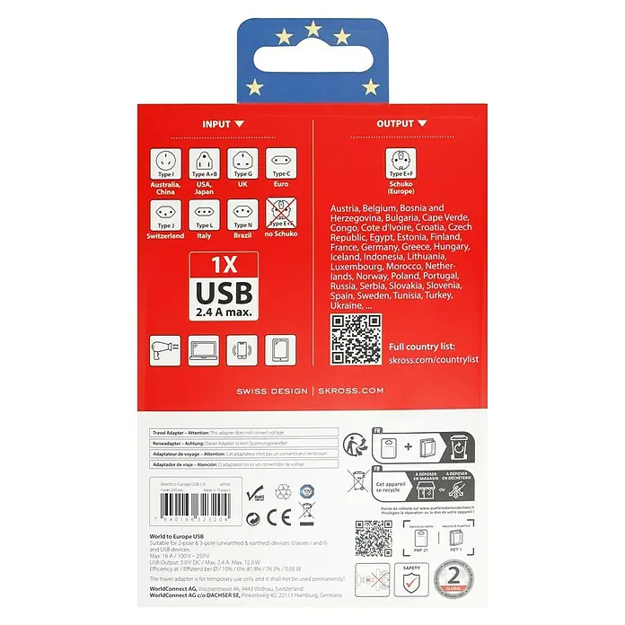 Skross Reiseadapter World to Europe USB - Netzsteckertyp Reiseadapter: Typ E+F (CEE 7/7), Weiß - Weltreiseadapter mit verschiedenen Eingangs- und Ausgangssteckertypen sowie USB-Anschluss für internationale Kompatibilität.
