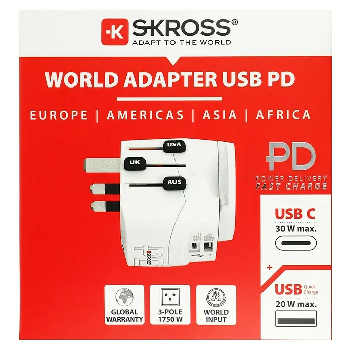 Skross Reiseadapter PRO Light USB AC30PD - World - Weiß - Das Bild zeigt einen SKROSS® World Adapter USB PD, ein vielseitiges Reiseprodukt, das sich für Europa, Amerika, Asien und Afrika eignet.
