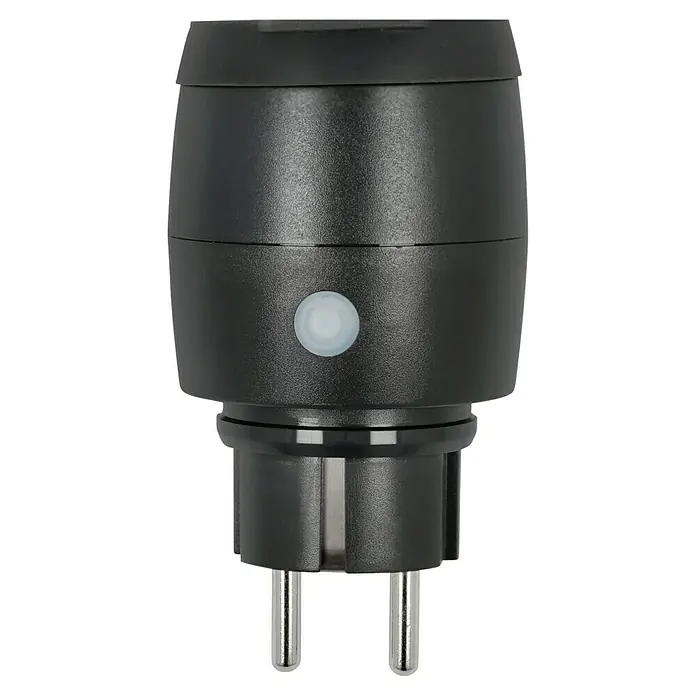 REV Funksteckdosen-Set Mini Outdoor - Schwarz, Max. Anschlussleistung: 3.680 W - Nahaufnahme eines schwarzen Smart Home Zwischensteckers mit rundem Design, der zur intelligenten Steuerung von Geräten dient.