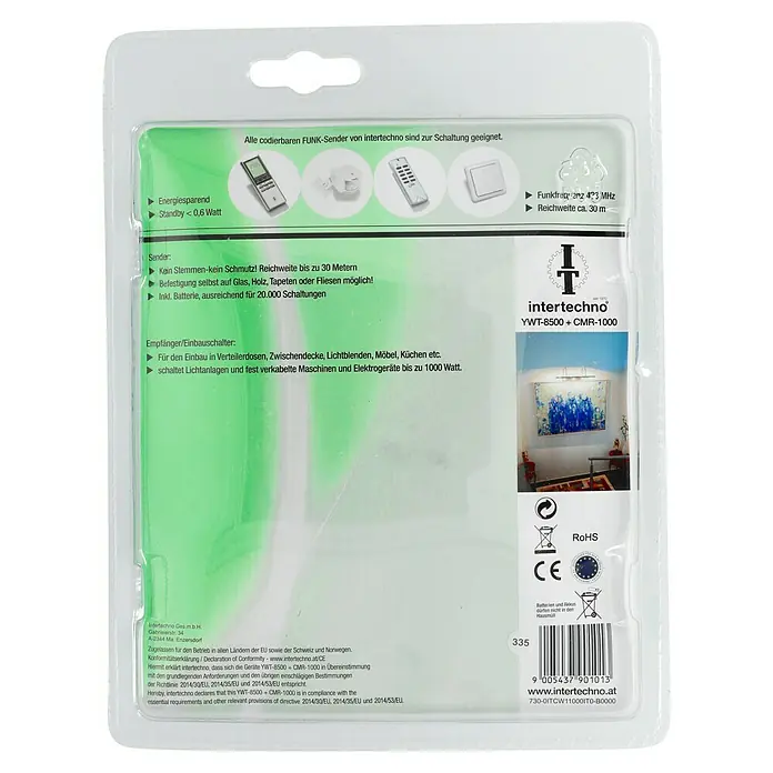 Intertechno Funk-Einbauschalter YWT-8500 + CMR-1000 Set - 1.000 W, Reichweite ca.: 35 m - Produktverpackung für Intertechno YWT-8500 + CMR-1000 Funkschalter. Ermöglicht kabelloses Schalten von Geräten bis 1000W mit 30m Reichweite.