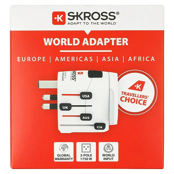 Skross Reiseadapter PRO – World - Weiß - Abbildung eines SKROSS® Weltadapters, der für verschiedene Steckdosentypen (Europa, USA, UK, Australien, Schweiz) geeignet ist und globale Garantie bietet.
