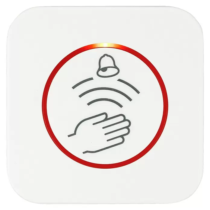 Heidemann Funksender 70887 HX Touchless - Reichweite ca.: 150 m, Batteriebetrieben, IP44 - Weißer quadratischer Gestensensor-Taster mit abgerundeten Ecken, rotem Kreis und Hand-, Wellen- und Glockensymbol.