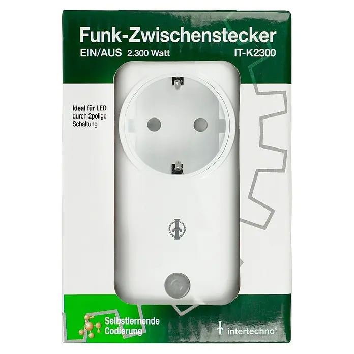 Intertechno Funksteckdose IT-K2300 - Weiß, Max. Anschlussleistung: 2.300 W - Abbildung eines Funk-Zwischensteckers IT-K2300, ideal für LEDs mit 2.300 Watt Leistung und selbstlernender Codierung, von Intertechno.