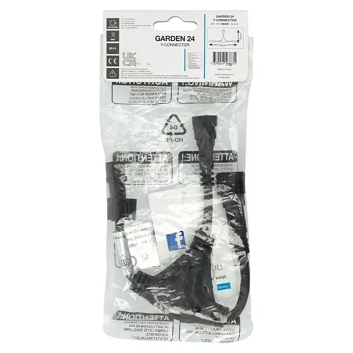 Garden 24 Verteiler Kabel - 26 x 26 cm - Nahaufnahme eines GARDEN 24 Y-Steckers, Artikelnummer 106939 - Schwarz, verpackt für den Außenbereich und mit IP44-Schutz.