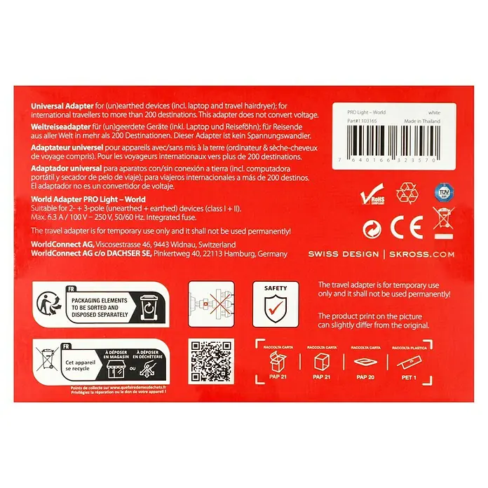 Skross Reiseadapter PRO Light – World - Weiß - Produktverpackung mit Details zum Universaladapter, Sicherheitshinweisen und Recyclinginformationen.