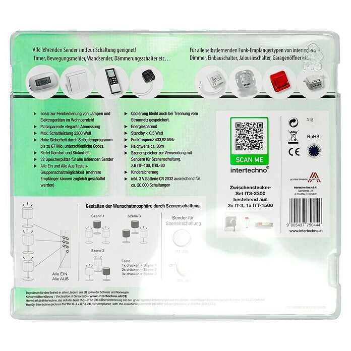 Intertechno Funksteckdosen-Set 3fach Zwischenstecker Set ein/aus mit Handsender (Weiß, Max. Anschlussleistung: 2.300 W, 3 -tlg.) | BAUHAUS