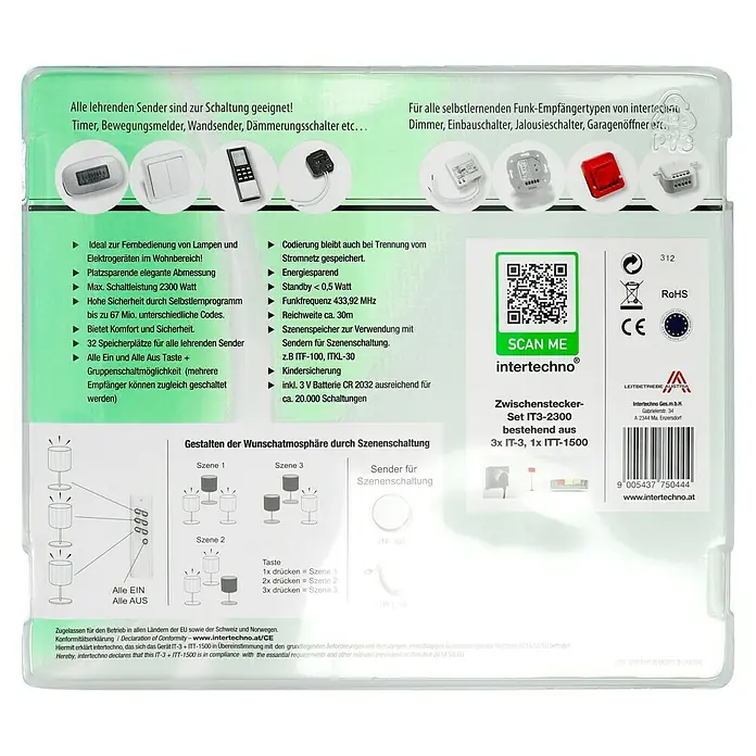 Intertechno Funksteckdosen-Set 3fach Zwischenstecker Set ein/aus mit Handsender - Weiß, Max. Anschlussleistung: 2.300 W, 3 -tlg. - Produktverpackung für Intertechno IT3-2300 Zwischenstecker-Set, das aus 3x IT-3 und 1x ITT-1500 besteht, für smarte Szenenschaltungen.