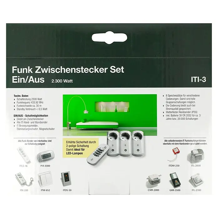 Intertechno Funksteckdosen-Set ITI-3 - Weiß, Max. Anschlussleistung: 2.300 W - Funk Zwischenstecker Set Ein/Aus: Eine smarte Lösung zur Steuerung von Elektrogeräten per Funk, ideal für energiesparende LED-Lampen und mehr Komfort.