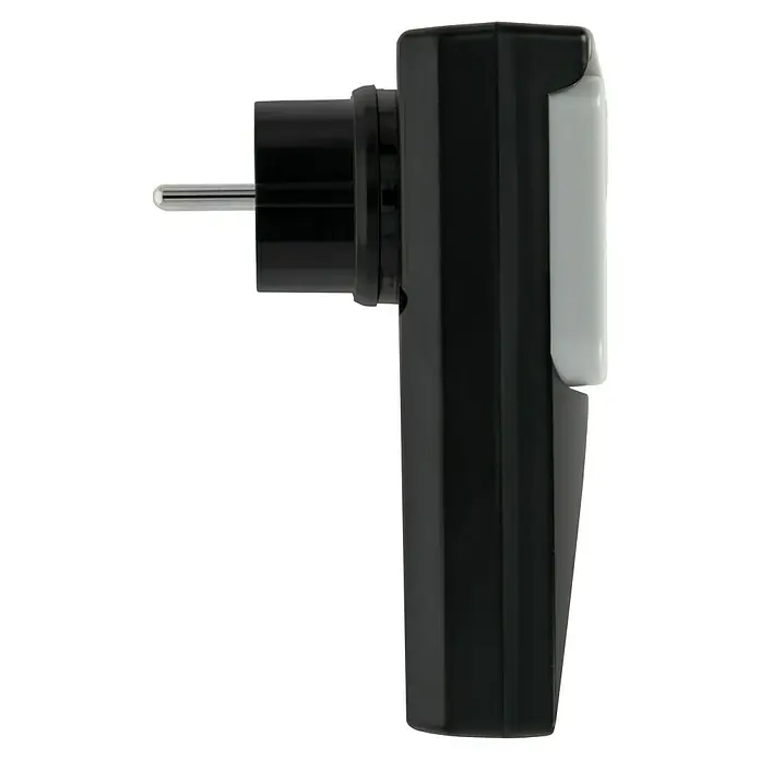 Intertechno Funksteckdose GRR-2300 Outdoor - Schwarz/Grau, Max. Anschlussleistung: 2.300 W - Nahaufnahme eines schwarzen Netzsteckers mit einem Stift und einem grauen Knopf, ideal für den sicheren Anschluss von Geräten an das Stromnetz.