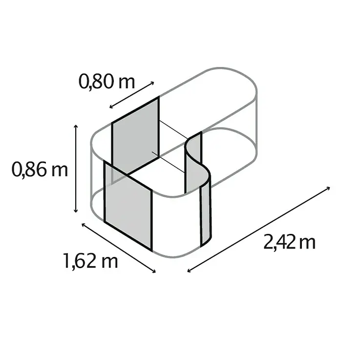 Vitavia Hochbeet-Erweiterung Curve 858 - 80 x 86 cm, Stahl, Dunkelgrau - Eine perspektivische Darstellung eines modularen Trennwandsystems mit Maßangaben, ideal für Büros oder flexible Arbeitsbereiche.