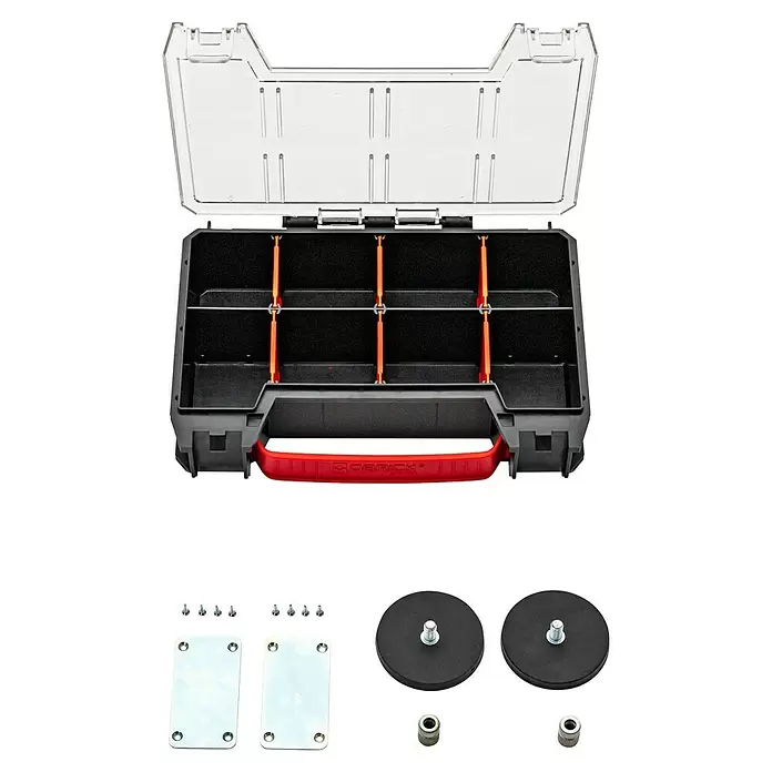Qbrick System Zubehör-Set Magnetic - 14 -tlg. - Schwarzer Werkzeugkoffer mit transparentem Deckel, orangefarbenen Trennwänden und diversen Metallbefestigungen wie Platten, Magnetfüßen, Schrauben und Muttern.