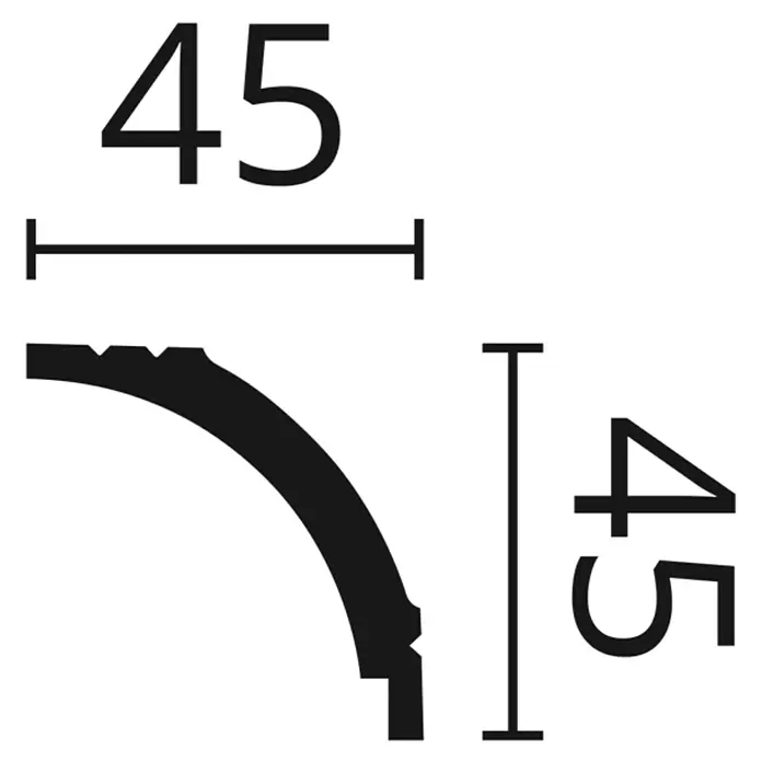 SCHÖNER WOHNEN-Kollektion Zierprofil Deckenleiste Modern 1 - 2 m x 45 mm x 45 mm, Hochverdichtetes extrudiertes Polymer (HDPS) - Querschnitt eines schwarzen 45x45 Zierleistenprofils mit Maßen.