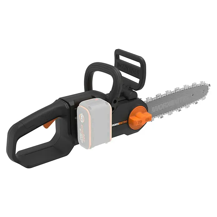 Worx PowerShare 20V Akku-Kettensäge WG350E.9 - 20 V, Li-Ionen, Ohne Akku - Nahaufnahme einer WORX Nitro Akku-Kettensäge, die die schwarze und orangefarbene Farbgebung und das Akku-Design hervorhebt.