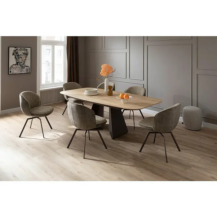SCHÖNER WOHNEN-Kollektion Rahmen-Set Elegant 4 - Hochverdichtetes extrudiertes Polymer (HDPS) - Einrichtungsidee mit Esstisch in Holzoptik, umgeben von sechs eleganten Stühlen mit Stoffbezug.
