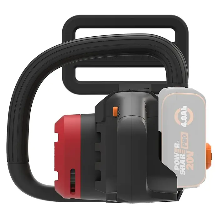 Worx PowerShare 20V Akku-Kettensäge WG350E.9 - 20 V, Li-Ionen, Ohne Akku - Nahaufnahme einer WORX Akku-Kettensäge mit 20V Power Share Pro 4.0Ah Akku vor schwarzem Hintergrund.