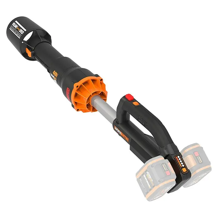 Worx PowerShare 20V Akku-Laubbläser WG585E.9 - 40 V, Ohne Akku, Blasgeschwindigkeit: 266 km/h, Blasleistung: 1.053 m³/h - Aufsicht des Worx Nitro Laubbläsers mit zwei Akkus.