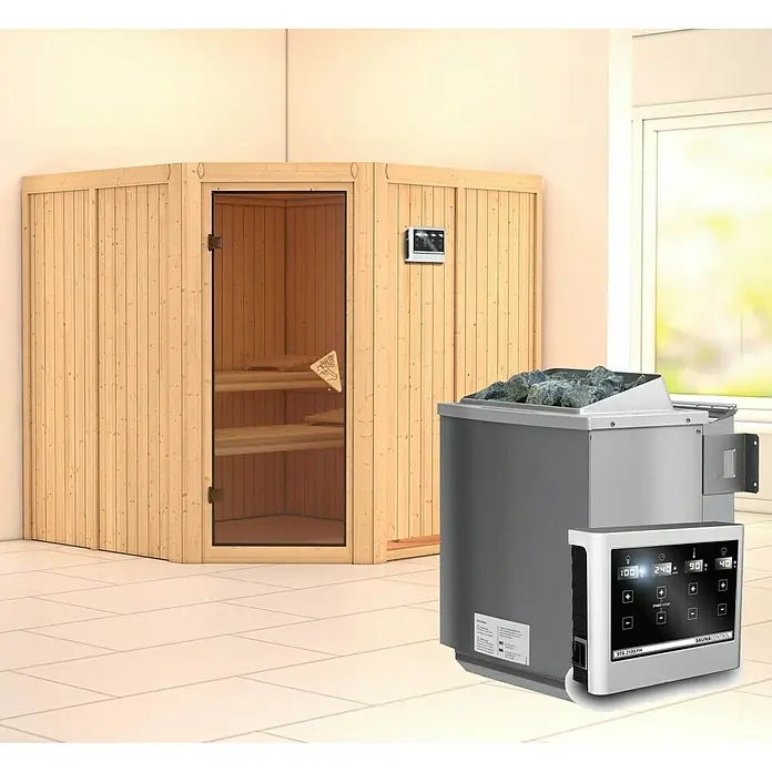 Karibu Elementsauna Jarin - Mit 9 kW Bio-Ofen mit externer Steuerung, Ohne Dachkranz, Materialspezifizierung Tür: Ganzglas Bronze, L x B x H: 196 x 196 x 192 cm - Bild einer Sauna mit Holzverkleidung und einem modernen Saunaofen mit Steinen, der für ein entspannendes Saunaerlebnis sorgt.