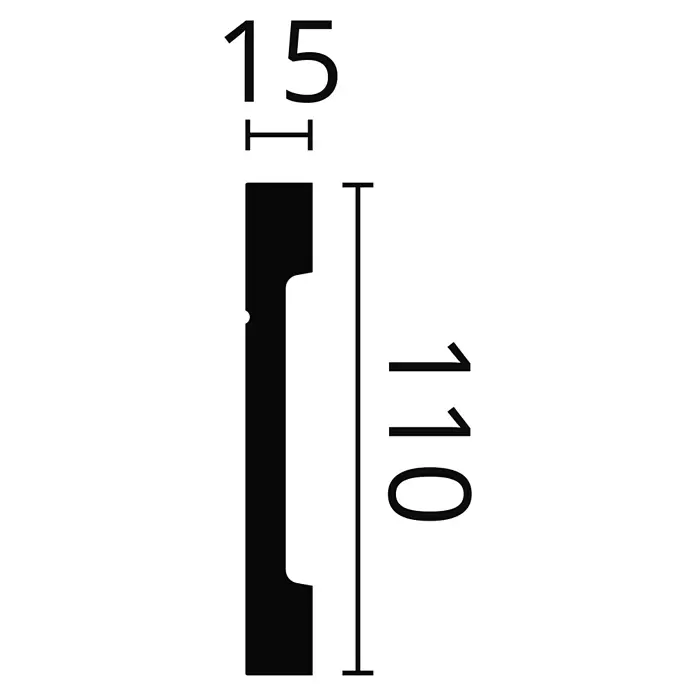 SCHÖNER WOHNEN-Kollektion Sockelleiste Modern 6 - 200 cm x 110 mm x 15 mm, Hochverdichtetes extrudiertes Polymer (HDPS) - Schwarzes Profil im Querschnitt mit einer Breite von 15 und einer Höhe von 110.