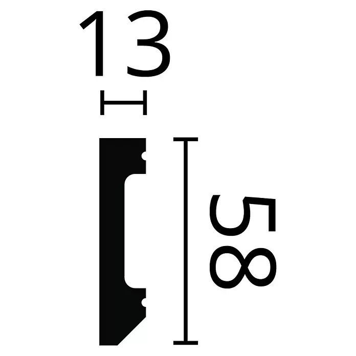 SCHÖNER WOHNEN-Kollektion Sockelleiste Modern 5 - 200 cm x 58 mm x 13 mm - Technische Zeichnung eines schwarzen Profils mit 13mm Breite und 58mm Höhe.