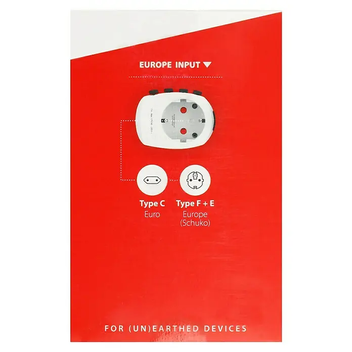 Skross Reiseadapter PRO Europe to World - Weiß - Abbildung eines Adapters für europäische Stecker, Typ C und Typ F+E (Schuko), auf rotem Hintergrund.