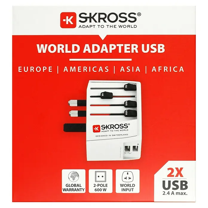 Skross Reiseadapter MUV USB - Weiß - Abbildung eines SKROSS® Weltadapter USB, geeignet für Europa, Amerika, Asien und Afrika, mit 2 USB Anschlüssen.