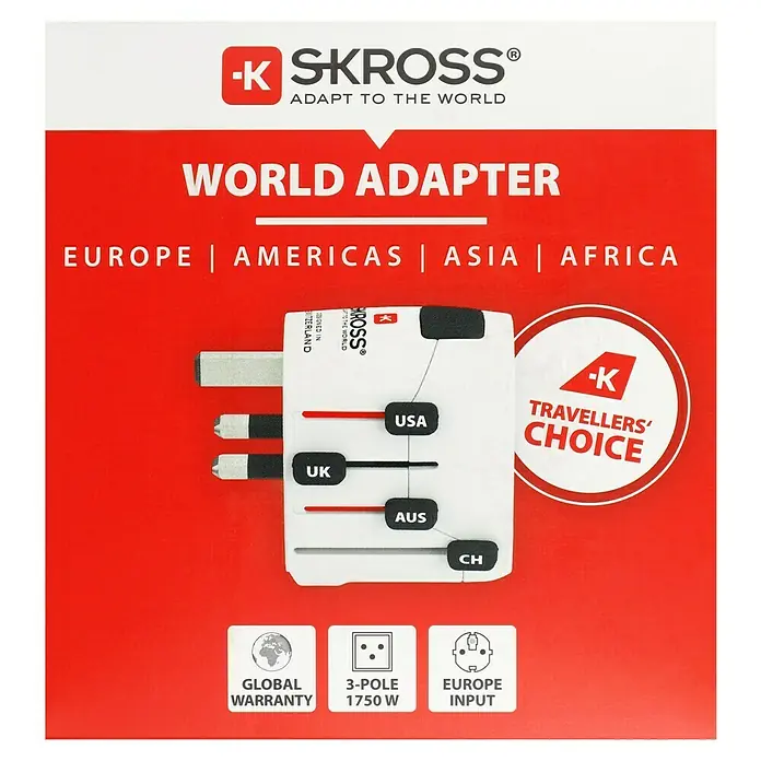 Skross Reiseadapter PRO Europe to World - Weiß - Bild eines SKROSS® Weltadapters mit verschiedenen Steckertypen für Europa, Amerika, Asien und Afrika, ideal für Reisende.