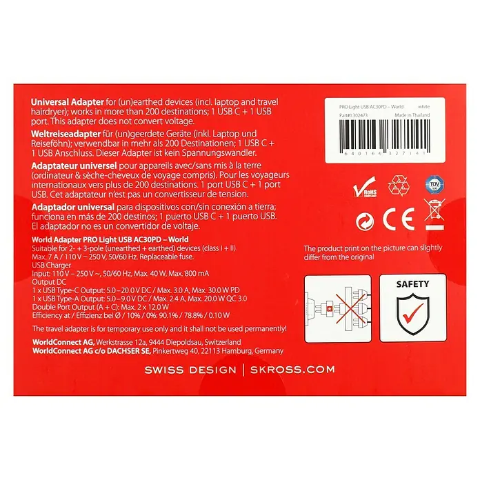 Skross Reiseadapter PRO Light USB AC30PD - World - Weiß - Verpackungsrückseite eines weißen Skross PRO Light USB AC30PD-Weltadapters mit technischen Daten und Sicherheitshinweisen.