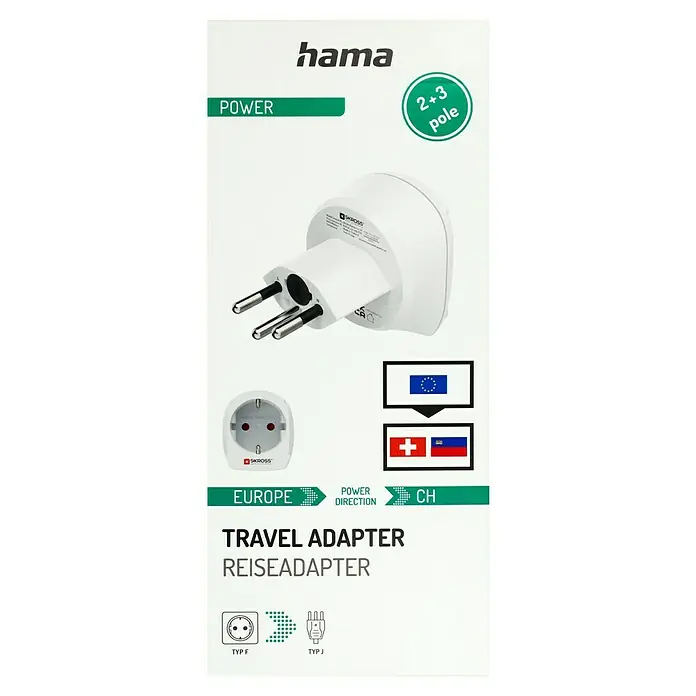 Reiseadapter Europa nach Schweiz - Netzsteckertyp Reiseadapter: Typ J (SEV 1011), Weiß - Abbildung eines Hama Reiseadapters für die Verwendung von europäischen Steckdosen in der Schweiz oder Liechtenstein.