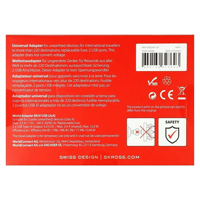 Skross Reiseadapter MUV USB - Weiß - Das Bild zeigt einen Universaladapter MUV USB (2xA) für internationale Reisende, geeignet für ungeerdete Geräte und mit zwei USB-Anschlüssen.