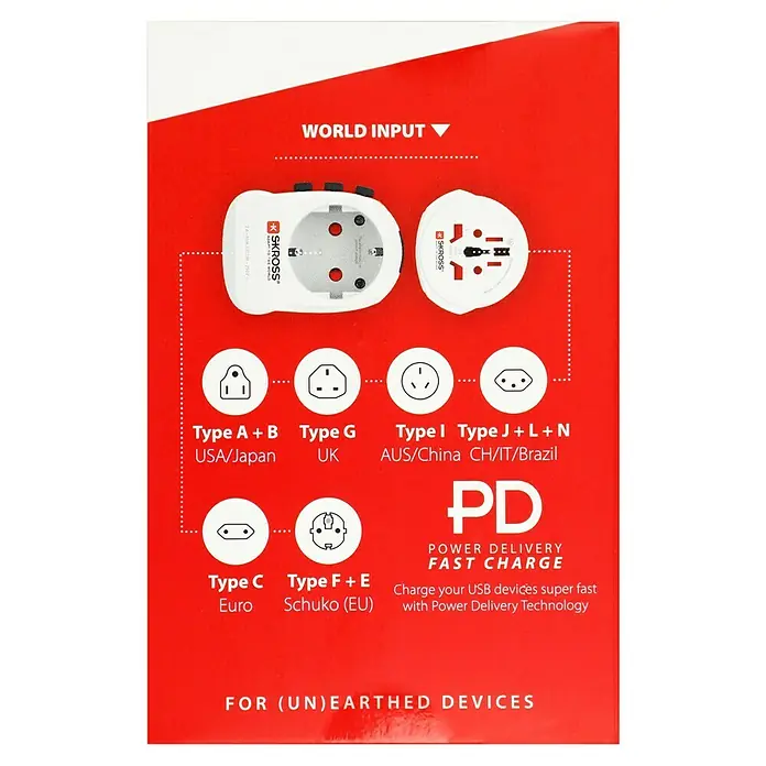 Skross Reiseadapter PRO Light USB AC30PD - World - Weiß - Das Bild zeigt einen roten Reiseadapter mit verschiedenen Steckertypen für USA, UK, Europa und Australien und Schnellladefunktion.