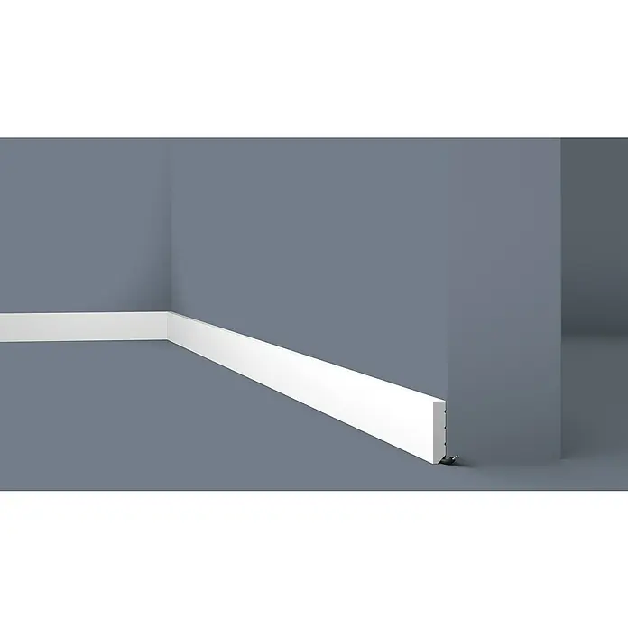 SCHÖNER WOHNEN-Kollektion Sockelleiste Modern 5 - 200 cm x 58 mm x 13 mm - Ein Nahaufnahme des Sockelleistensystems, das einen sauberen Übergang zwischen Wand und Boden schafft und die Ästhetik des Raumes verbessert.