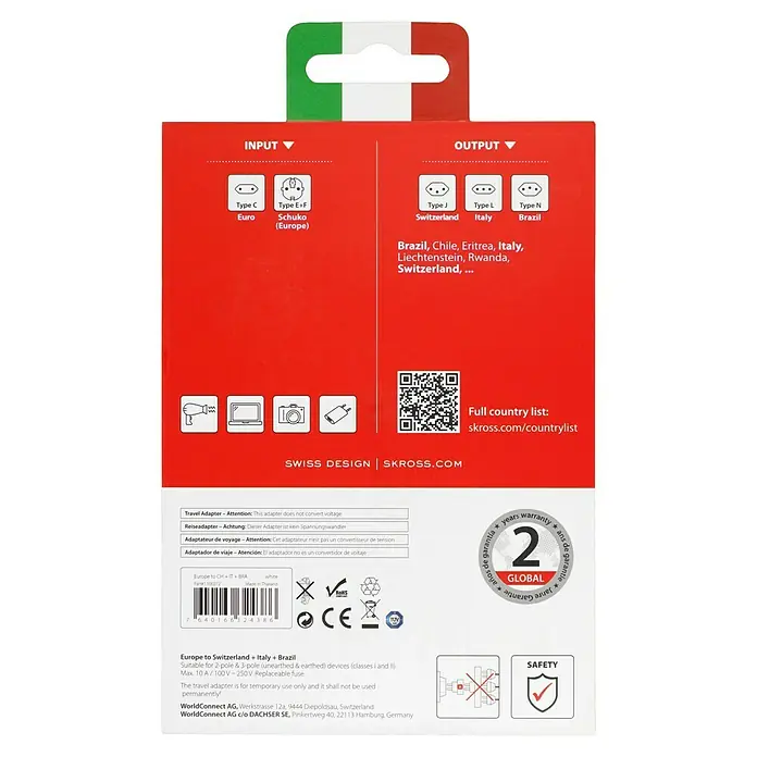 Skross Reiseadapter Europe to Switzerland/Italy/Brazil - Netzsteckertyp Reiseadapter: Typ L (CEI 23-50), Weiß - Produktverpackung des SKROSS-Reiseadapters für Europa nach Schweiz, Italien und Brasilien. Kompatibel mit verschiedenen Steckertypen.