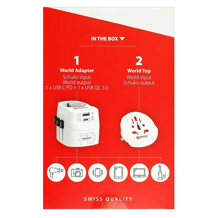 Skross Reiseadapter PRO Light USB AC30PD - World - Weiß - In der Box: Weltadapter mit Schuko-Eingang, USB-C- und USB-Anschlüssen, sowie Weltstecker mit Schuko-Ausgang für weltweite Kompatibilität.