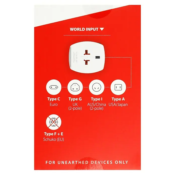 Skross Reiseadapter MUV USB - Weiß - Abbildung eines Reisesteckers mit verschiedenen Steckertypen (Typ C, G, I, A) und dem Hinweis "Nur für ungeerdete Geräte".