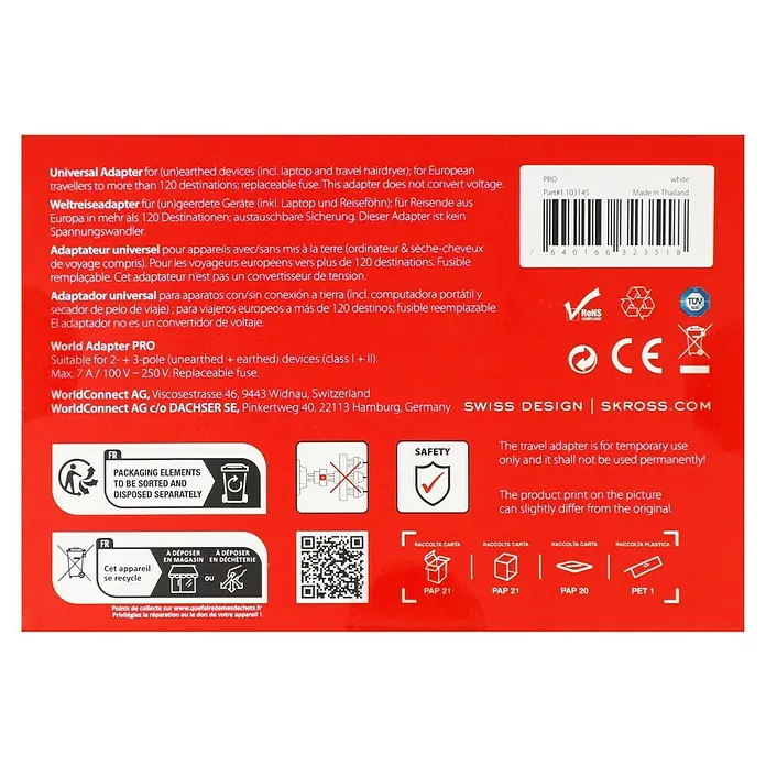 Skross Reiseadapter PRO Europe to World - Weiß - Verpackung der Weltadapter PRO-Serie für den europäischen Markt. Adapter für geerdete und ungeerdete Geräte mit austauschbarer Sicherung.