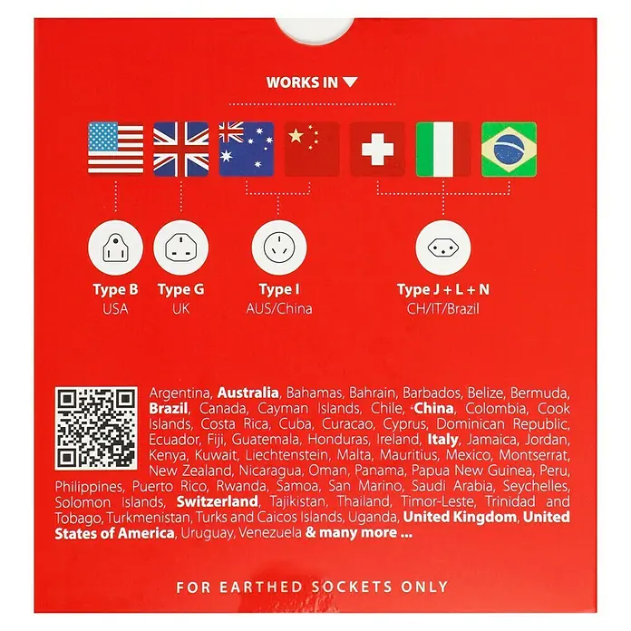 Skross Reiseadapter PRO Europe to World - Weiß - Produktverpackung mit Informationen zu Steckertypen und Ländern, in denen das Produkt funktioniert.