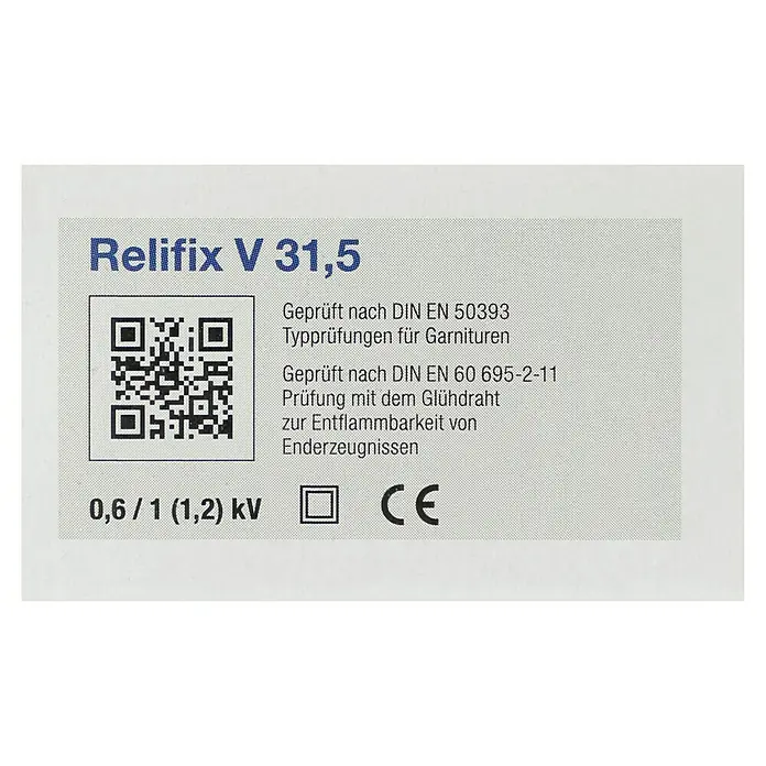 HellermannTyton Gelmuffe - Geeignet für: 3 x 0,5 bis 3 x 2,5 mm² - Bild einer Relifix V 31,5 Produktetikette mit QR-Code, Sicherheitsstandards und CE-Kennzeichnung für elektrische Sicherheit.
