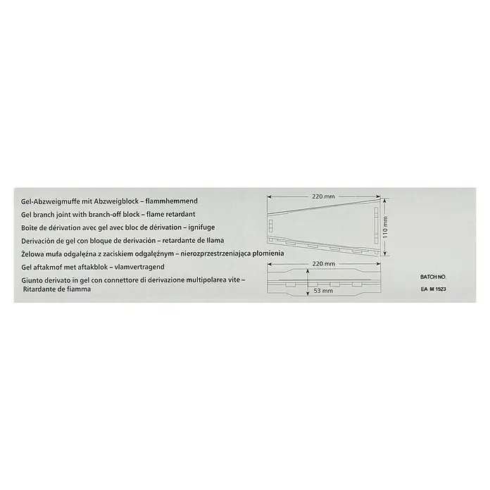 Cellpack Gelmuffe - Geeignet für: Max. 5 x 6 mm² - Abbildung einer Gel-Abzweigmuffe mit Abzweigblock, flammhemmend, mit Maßangaben für Länge und Höhe.