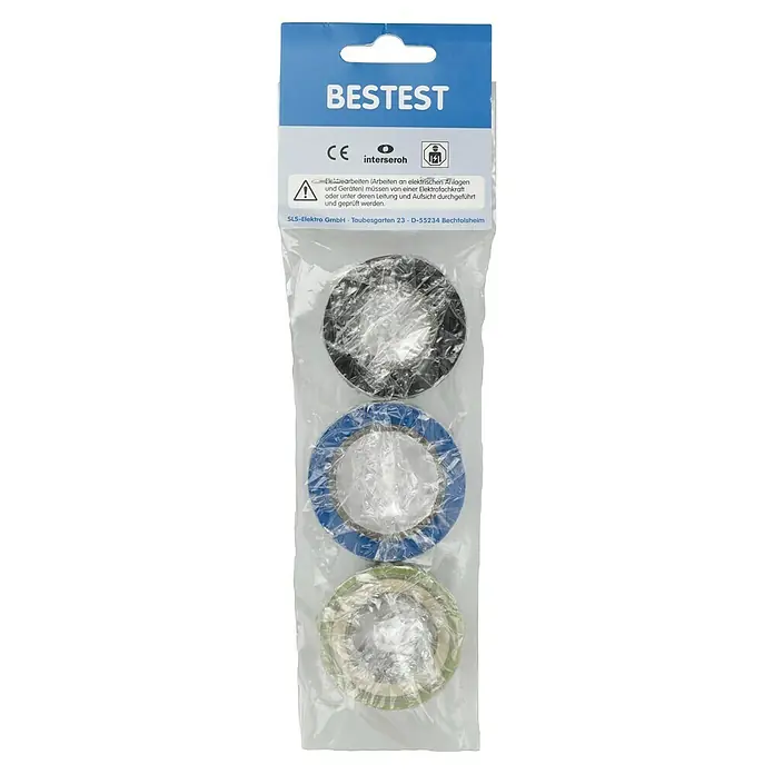 Isolierband-Set - 15 mm x 10 m, 3 Stk., Schwarz/Blau/Grün-Gelb - Eine Packung mit drei verschiedenen Rollen farbigem Isolierband, verpackt in einer durchsichtigen Plastiktüte mit einem blauen Etikett.