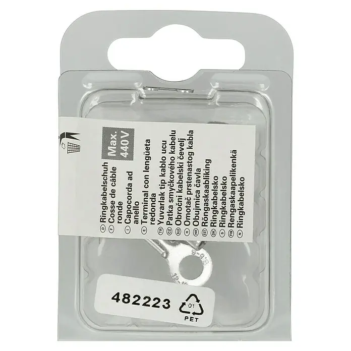 Voltomat Ring-Kabelschuhe - 4 Stk., Silber - Bild einer Blisterpackung mit Ringkabelschuhen, max. 440V, zur sicheren Kabelverbindung in verschiedenen Anwendungen.