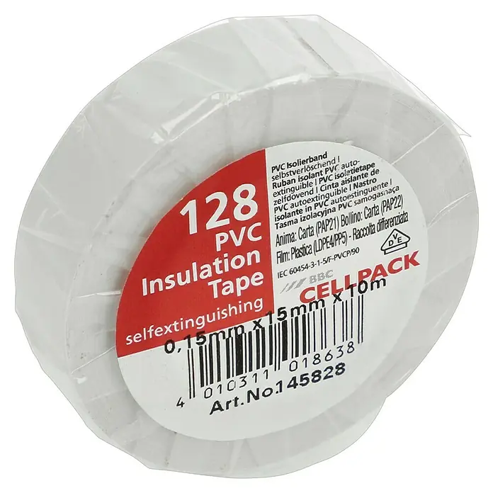 PVC-Isolierband - Weiß, 10 m, 15 x 0,15 mm - Nahaufnahme einer Rolle weißes 128 PVC Isolierband, selbstverlöschend, mit Produktinformationen und Barcode auf dem Etikett.